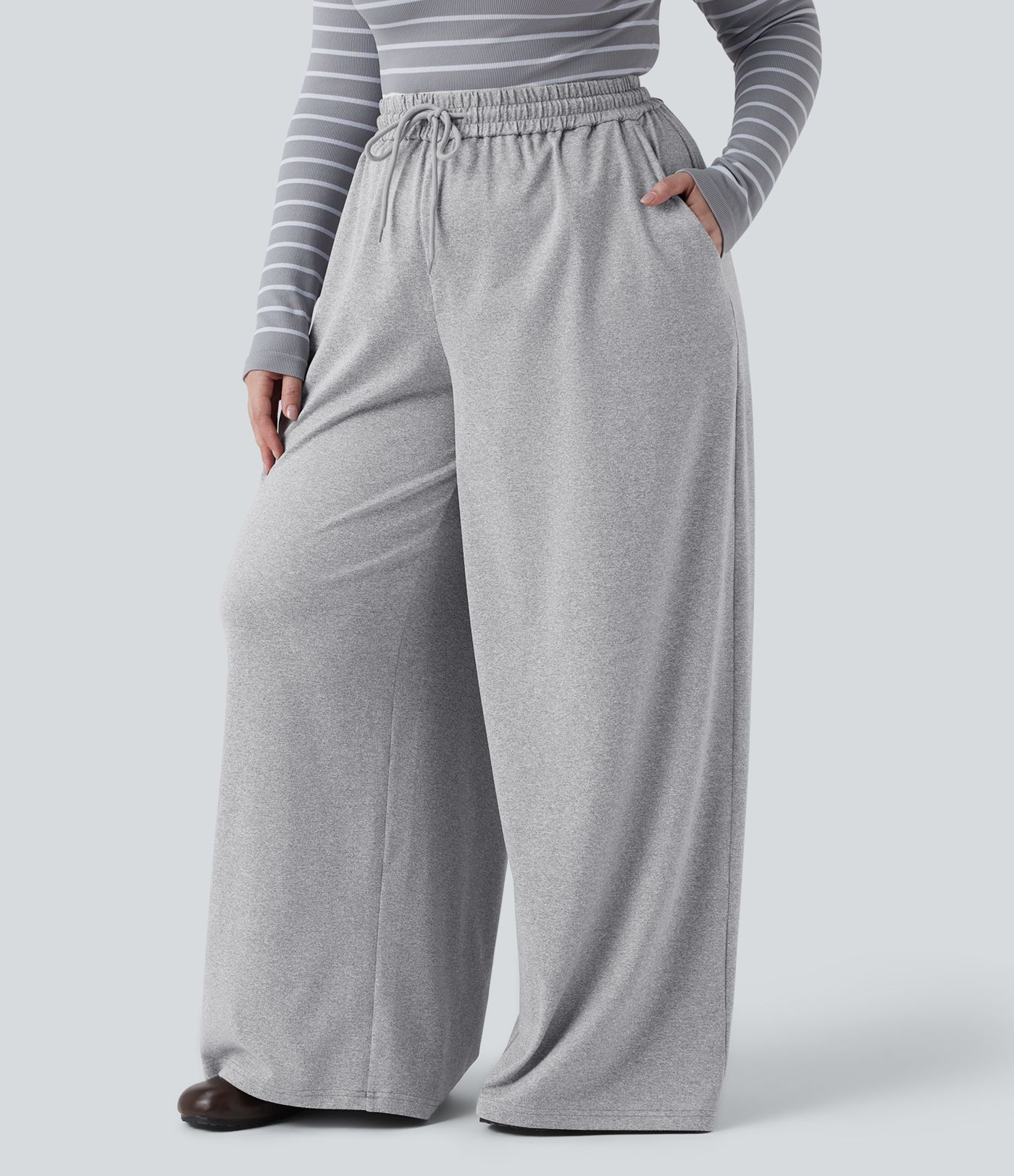 Plus Size High Waisted Drawstring Wide Leg Casual Pants with Pockets