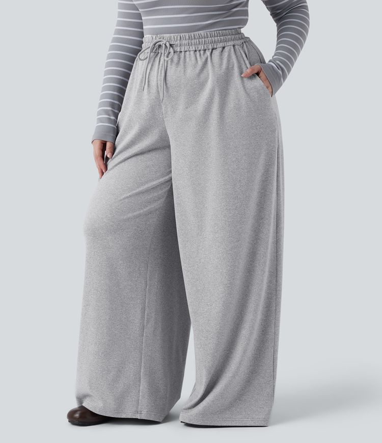 Plus Size High Waisted Drawstring Wide Leg Casual Trousers with Pockets