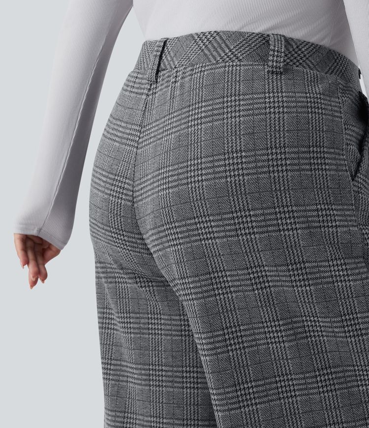 Plus Size High Waisted Wide Leg Houndstooth Plaid Casual Trousers with Pockets