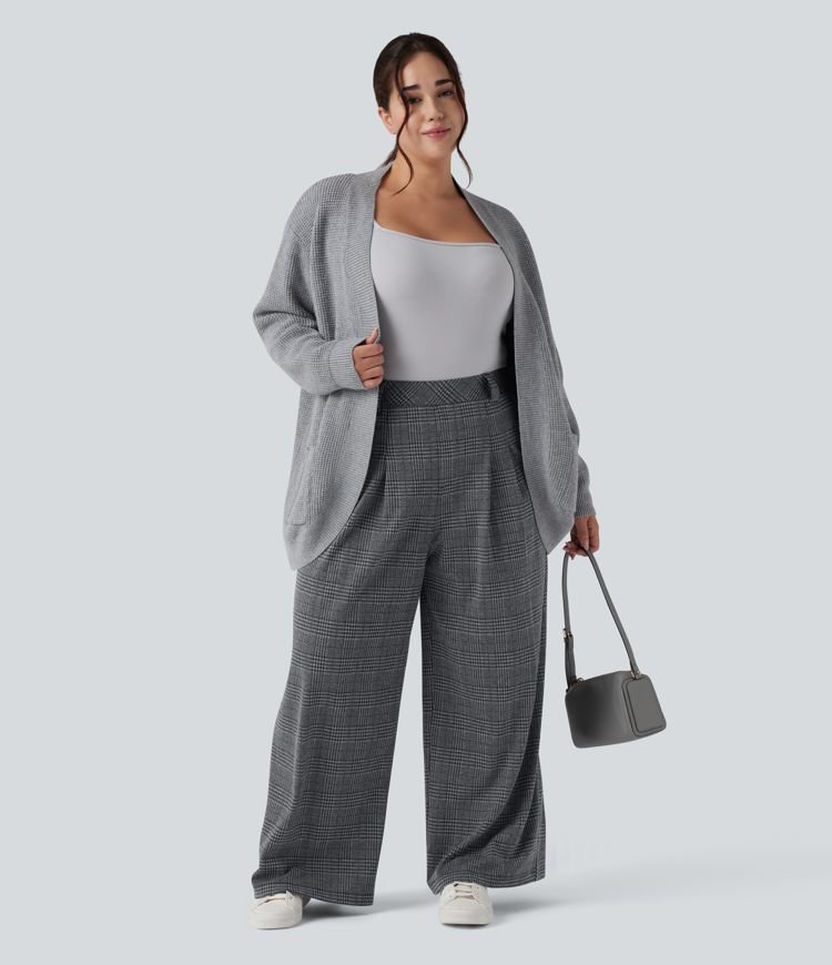 Plus Size High Waisted Wide Leg Houndstooth Plaid Casual Trousers with Pockets