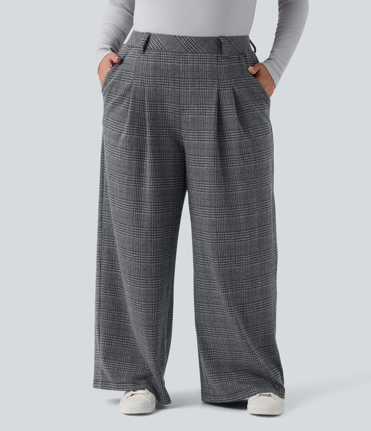 Plus Size High Waisted Wide Leg Houndstooth Plaid Casual Trousers with Pockets