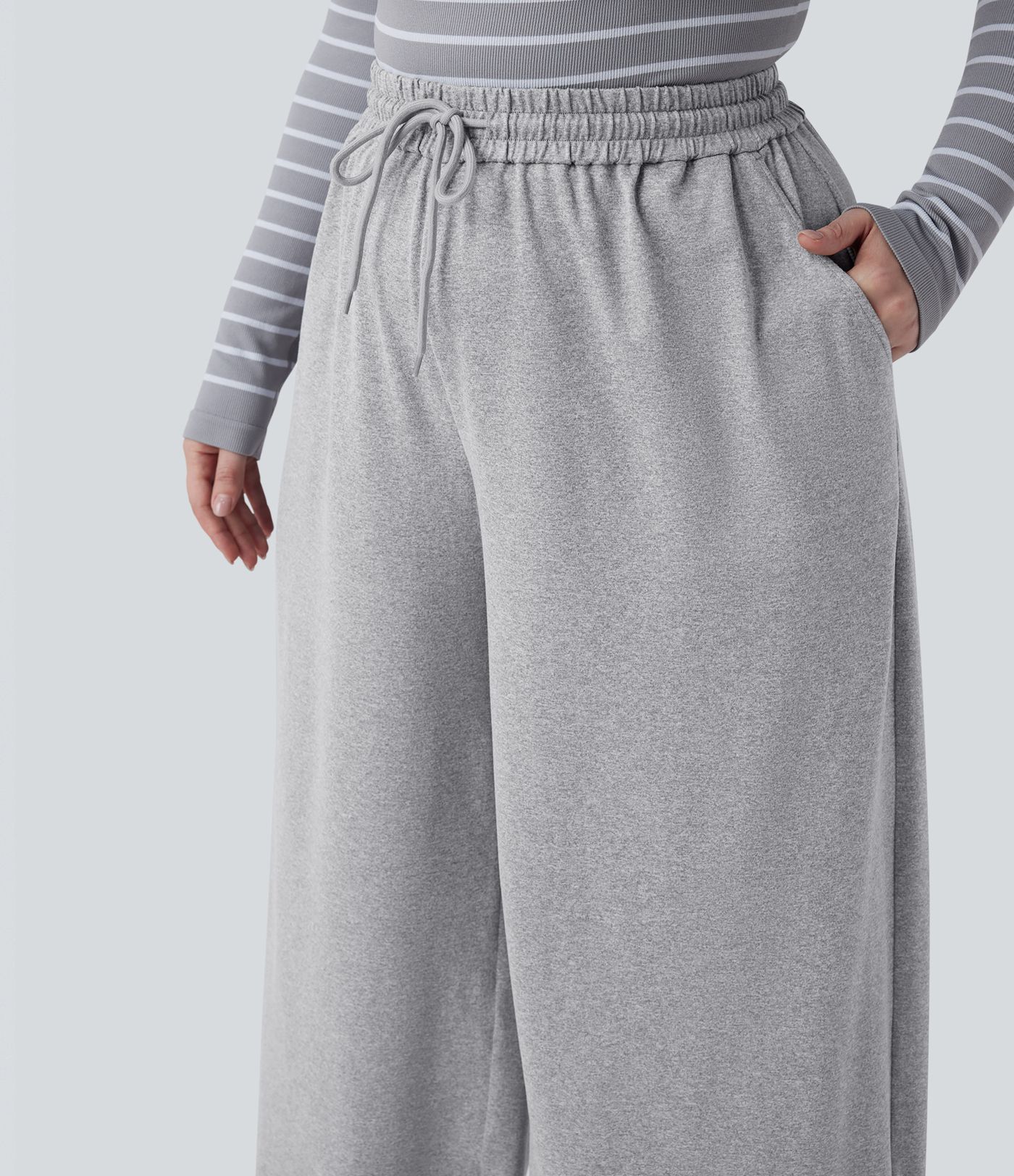 Plus Size High Waisted Drawstring Wide Leg Casual Pants with Pockets