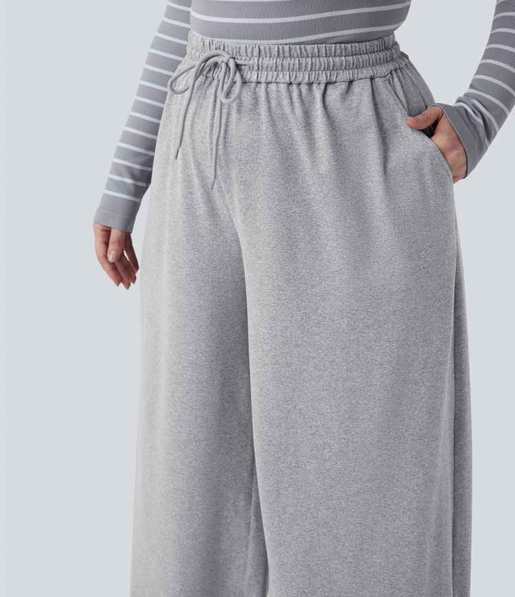 Plus Size High Waisted Drawstring Wide Leg Casual Trousers with Pockets