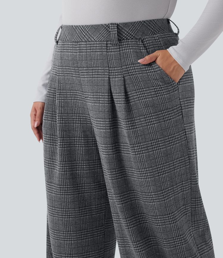 Plus Size High Waisted Wide Leg Houndstooth Plaid Casual Trousers with Pockets