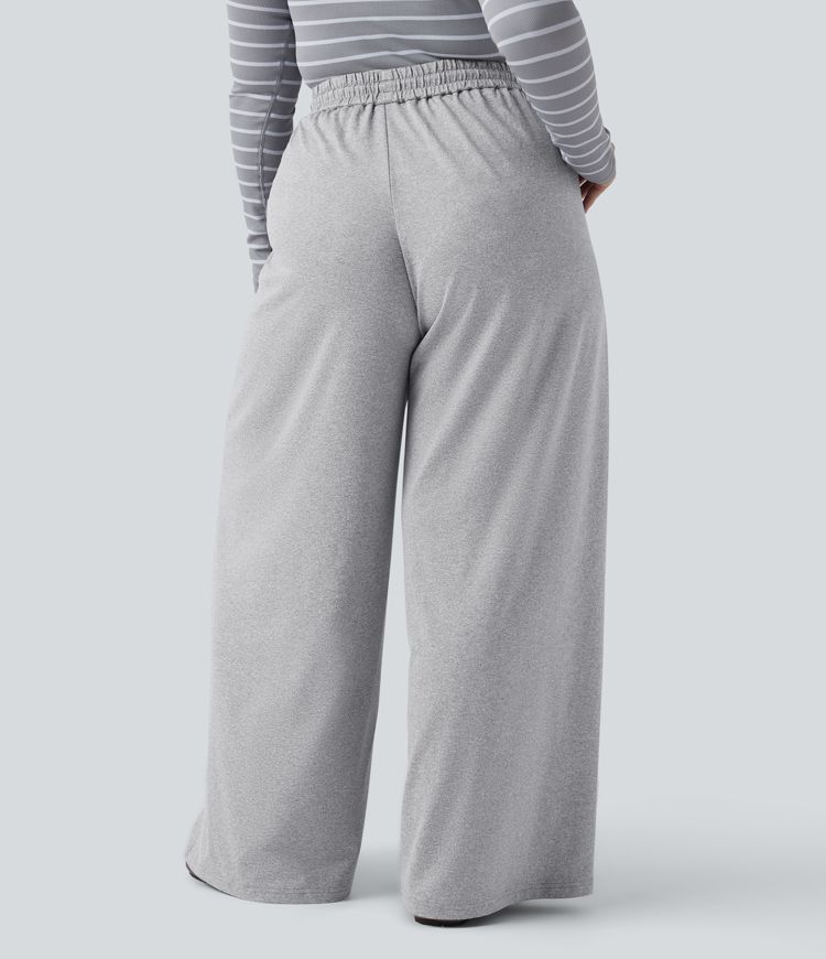 Plus Size High Waisted Drawstring Wide Leg Casual Trousers with Pockets
