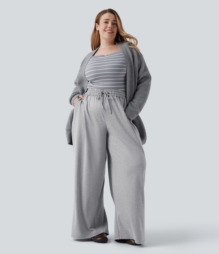 Plus Size High Waisted Drawstring Wide Leg Casual Trousers with Pockets