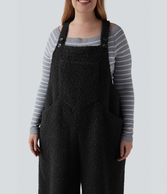 Adjustable Straps Casual Teddy Plus Size Overalls with Pockets