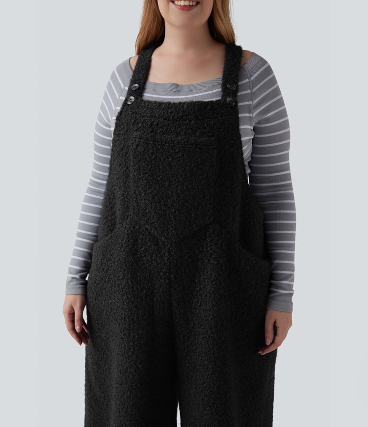 Adjustable Straps Casual Teddy Plus Size Overalls with Pockets