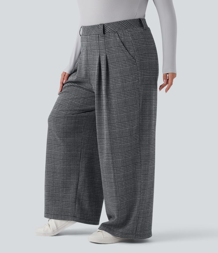 Plus Size High Waisted Wide Leg Houndstooth Plaid Casual Trousers with Pockets
