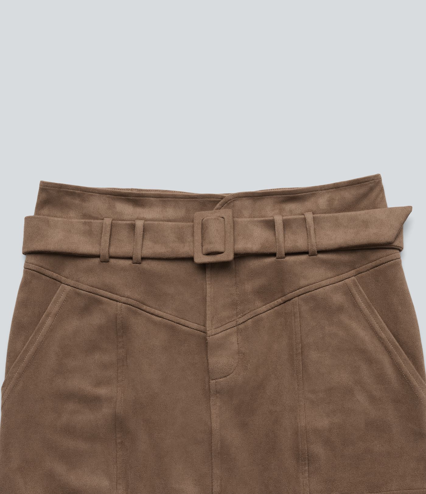 High Waisted Belted Bodycon Suede Mini Work Skirt with Pockets