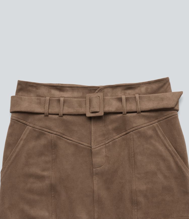 High Waisted Belted Bodycon Suede Mini Work Skirt with Pockets