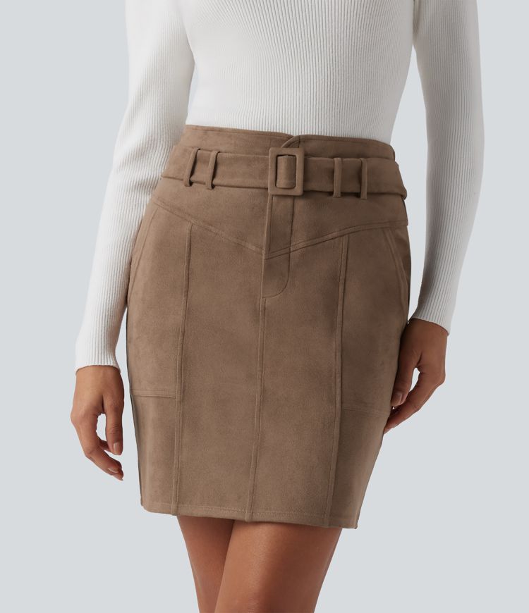 High Waisted Belted Bodycon Suede Mini Work Skirt with Pockets