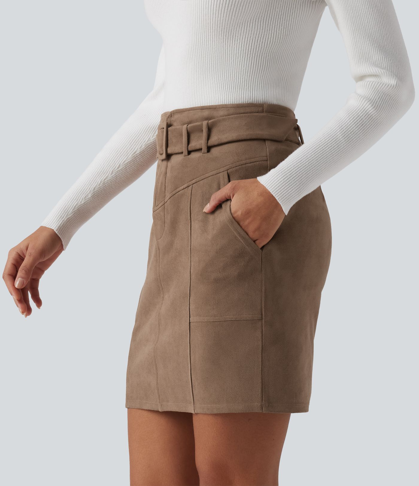 High Waisted Belted Bodycon Suede Mini Work Skirt with Pockets