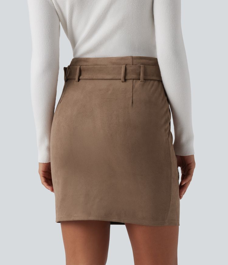 High Waisted Belted Bodycon Suede Mini Work Skirt with Pockets