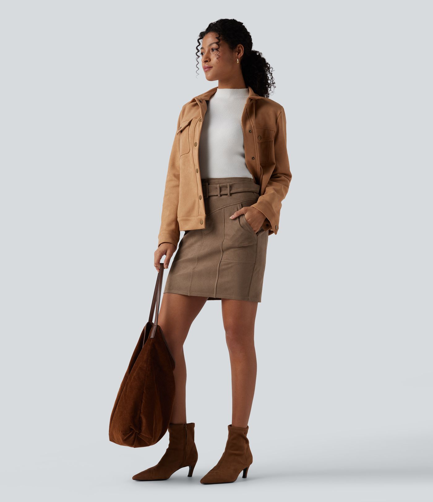 High Waisted Belted Bodycon Suede Mini Work Skirt with Pockets