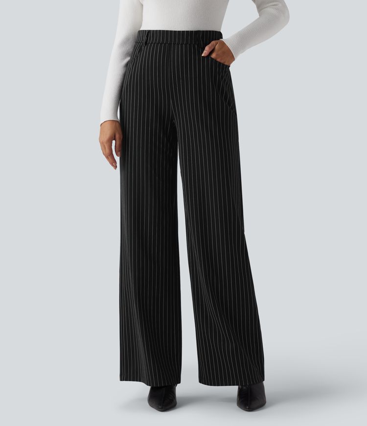 Halara Flex™ High Waisted Wide Leg Cool Touch Stripe Work Trousers with Pockets
