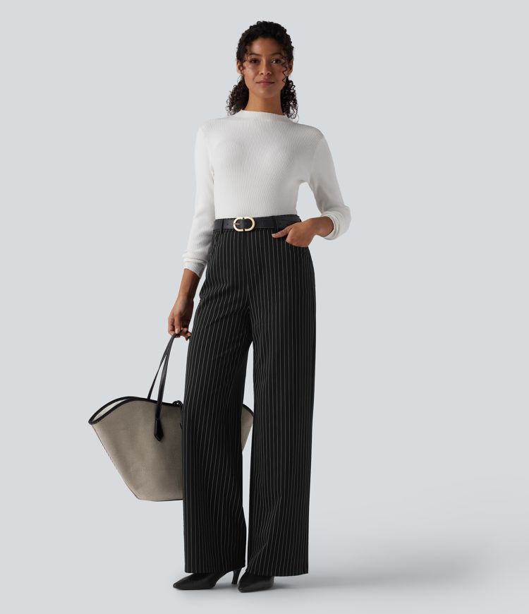 Halara Flex™ High Waisted Wide Leg Cool Touch Stripe Work Trousers with Pockets