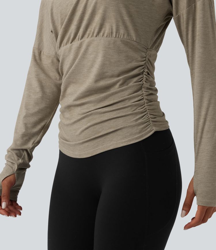 2-Piece One Shoulder Long Sleeve Thumb Hole Ruched Casual Sports Top