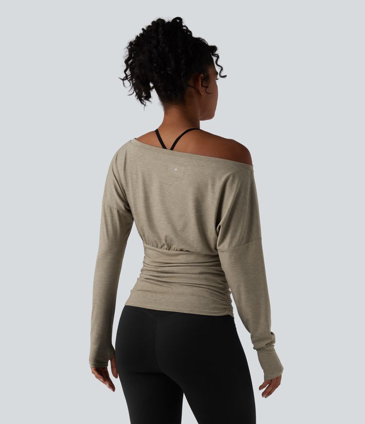 2-Piece One Shoulder Long Sleeve Thumb Hole Ruched Casual Sports Top