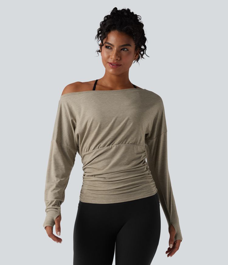 2-Piece One Shoulder Long Sleeve Thumb Hole Ruched Casual Sports Top