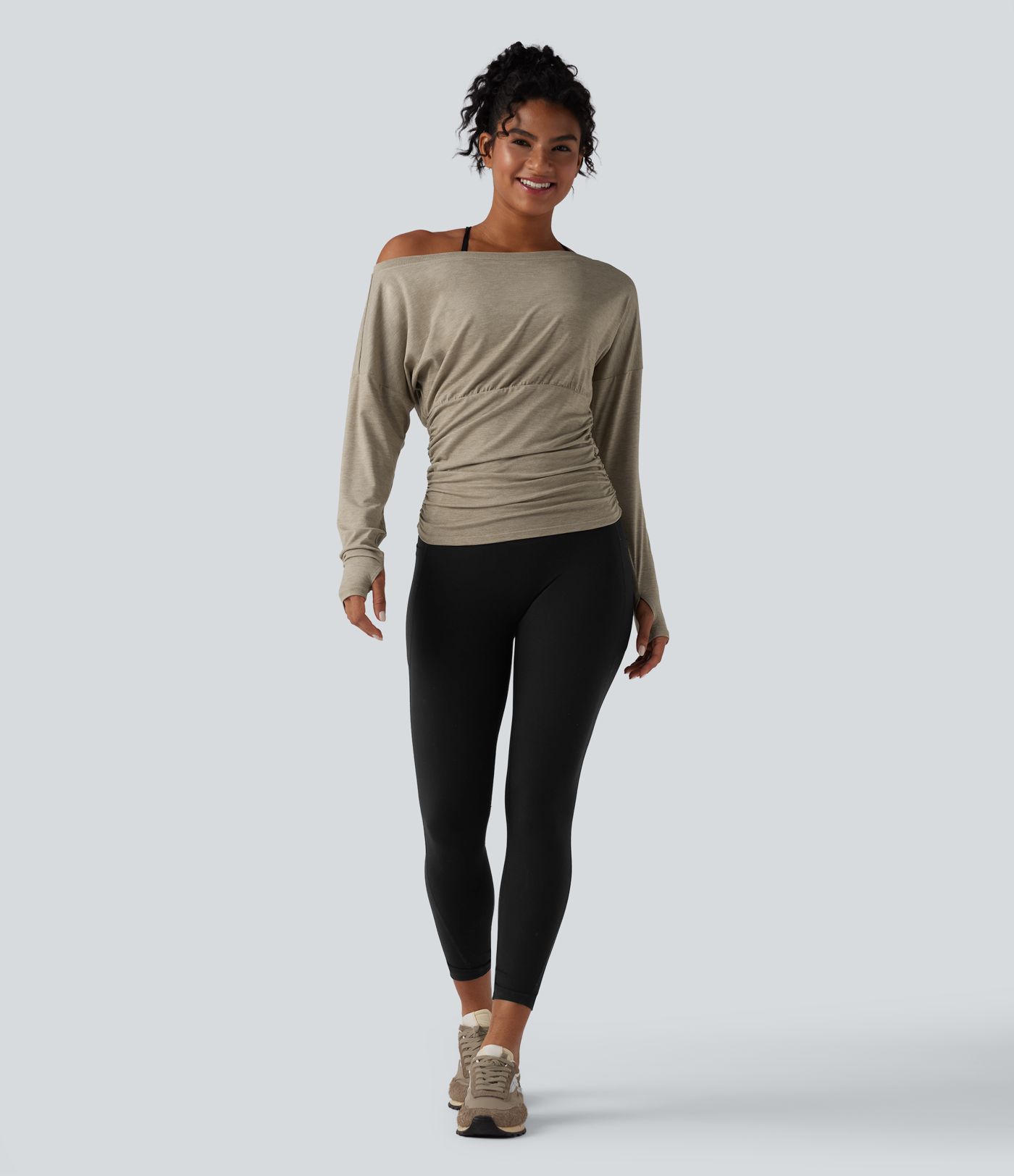 2-Piece One Shoulder Long Sleeve Thumb Hole Ruched Casual Sports Top