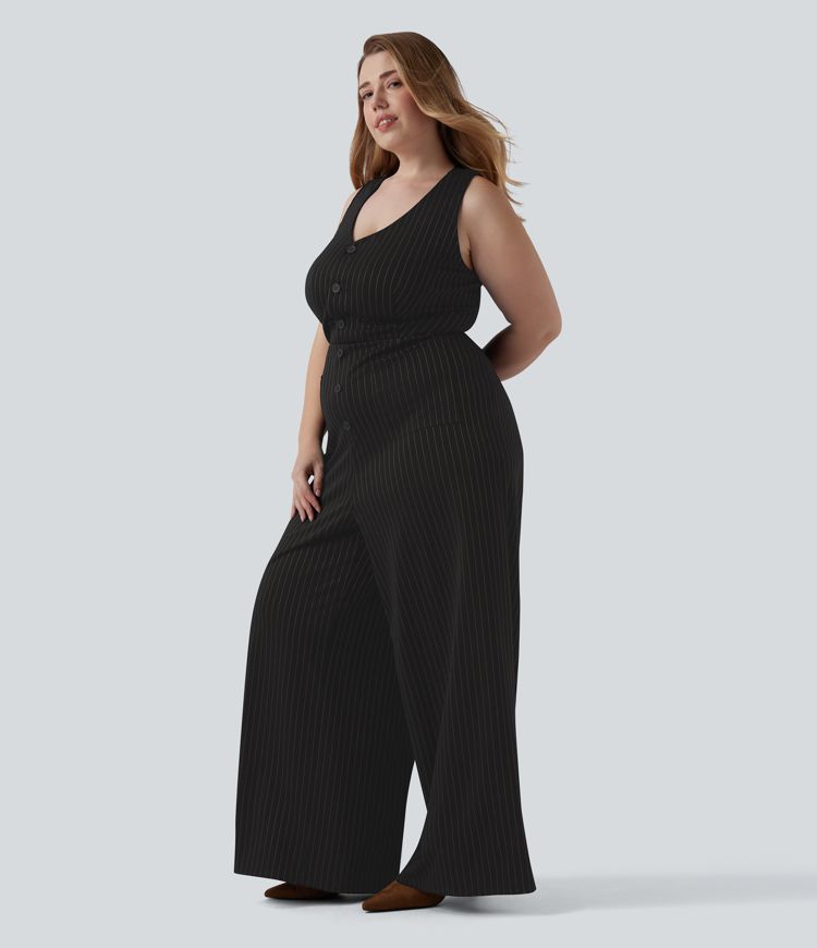 Plus Size V Neck Sleeveless Cut Out Wide Leg Cool Touch Stripe Work Jumpsuit with Pockets