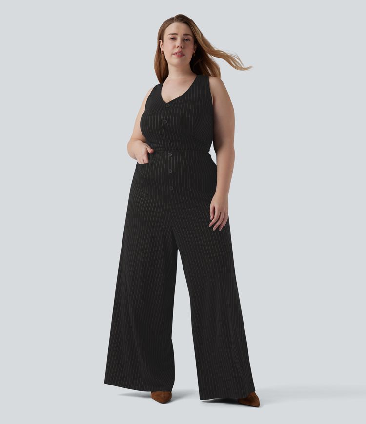Plus Size V Neck Sleeveless Cut Out Wide Leg Cool Touch Stripe Work Jumpsuit with Pockets