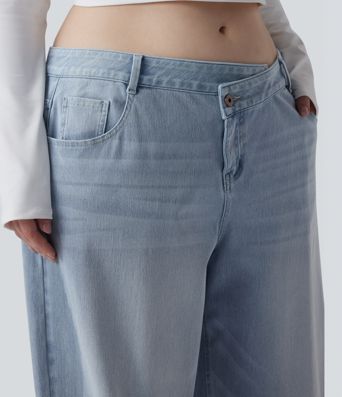 Plus Size Halara Flex™ Asymmetric Low Rise Wide Leg Washed Casual Jeans with Pockets