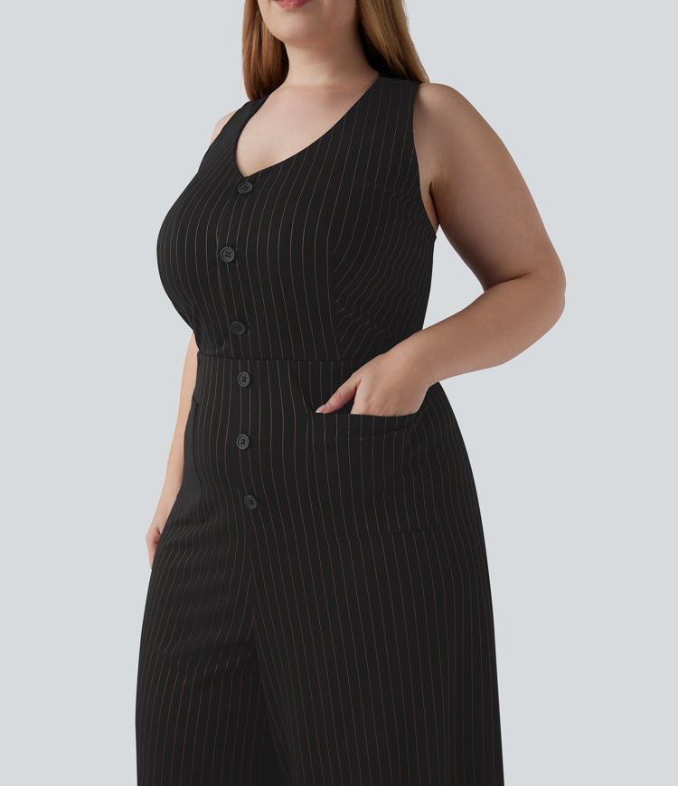 Plus Size V Neck Sleeveless Cut Out Wide Leg Cool Touch Stripe Work Jumpsuit with Pockets