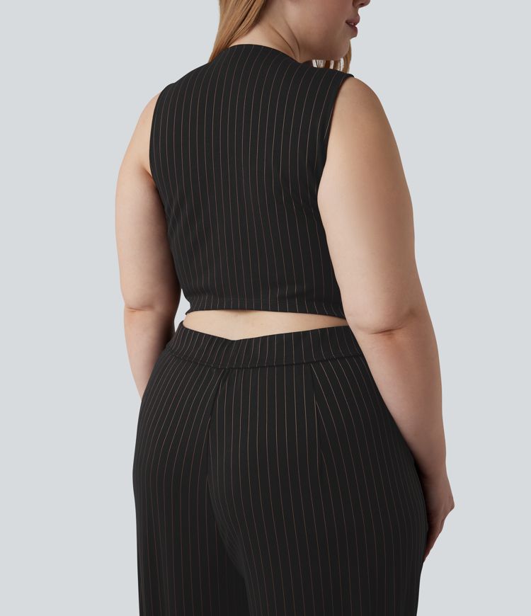 Plus Size V Neck Sleeveless Cut Out Wide Leg Cool Touch Stripe Work Jumpsuit with Pockets
