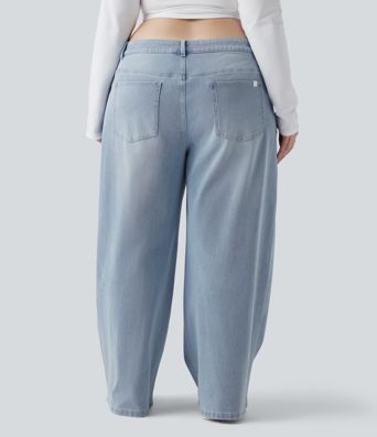 Plus Size Halara Flex™ Asymmetric Low Rise Wide Leg Washed Casual Jeans with Pockets