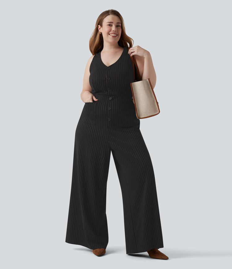Plus Size V Neck Sleeveless Cut Out Wide Leg Cool Touch Stripe Work Jumpsuit with Pockets