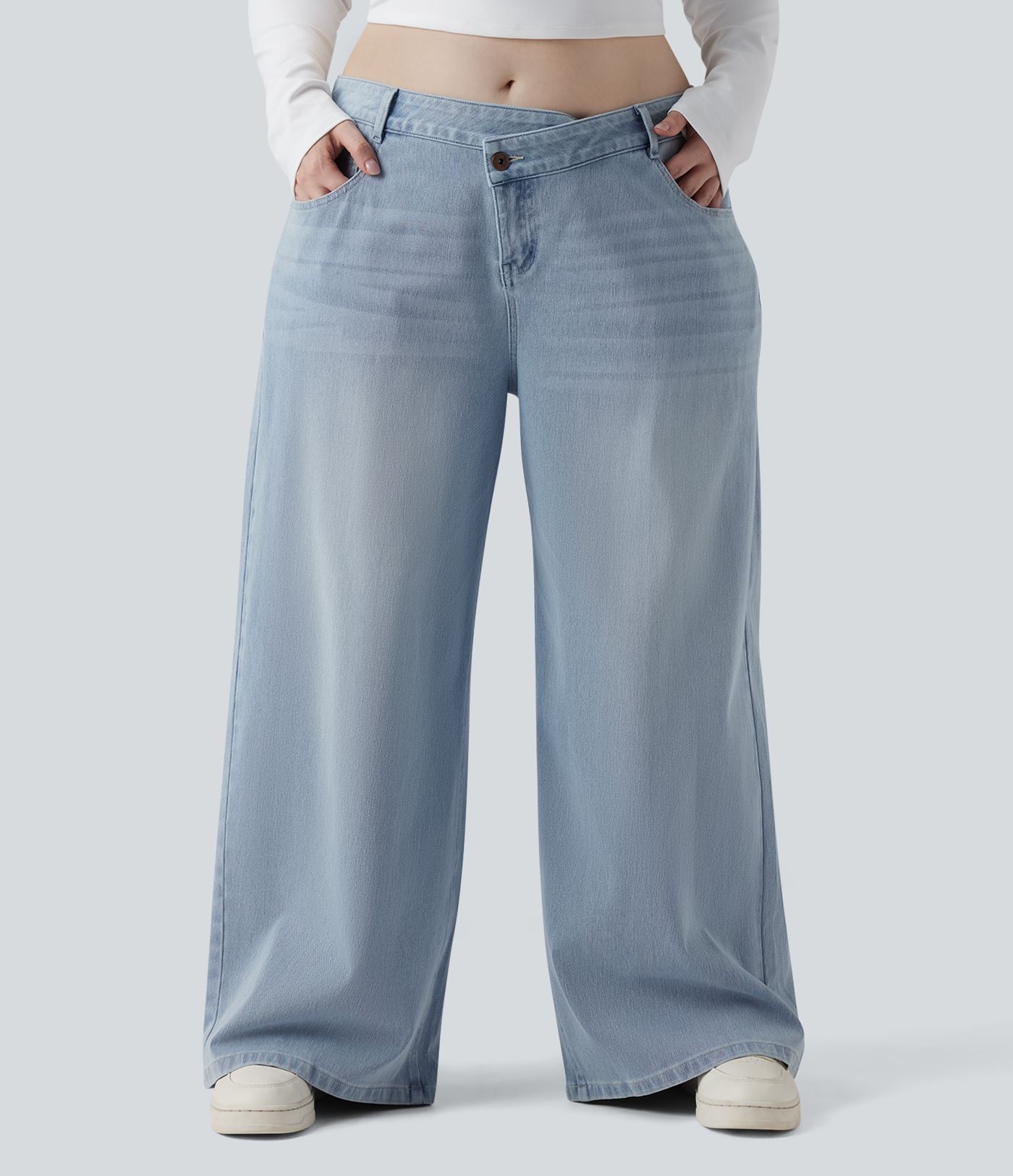 Plus Size Halara Flex™ Asymmetric Low Rise Wide Leg Washed Casual Jeans with Pockets