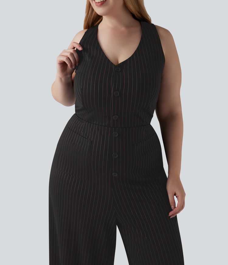 Plus Size V Neck Sleeveless Cut Out Wide Leg Cool Touch Stripe Work Jumpsuit with Pockets