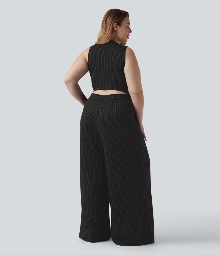 Plus Size V Neck Sleeveless Cut Out Wide Leg Cool Touch Stripe Work Jumpsuit with Pockets