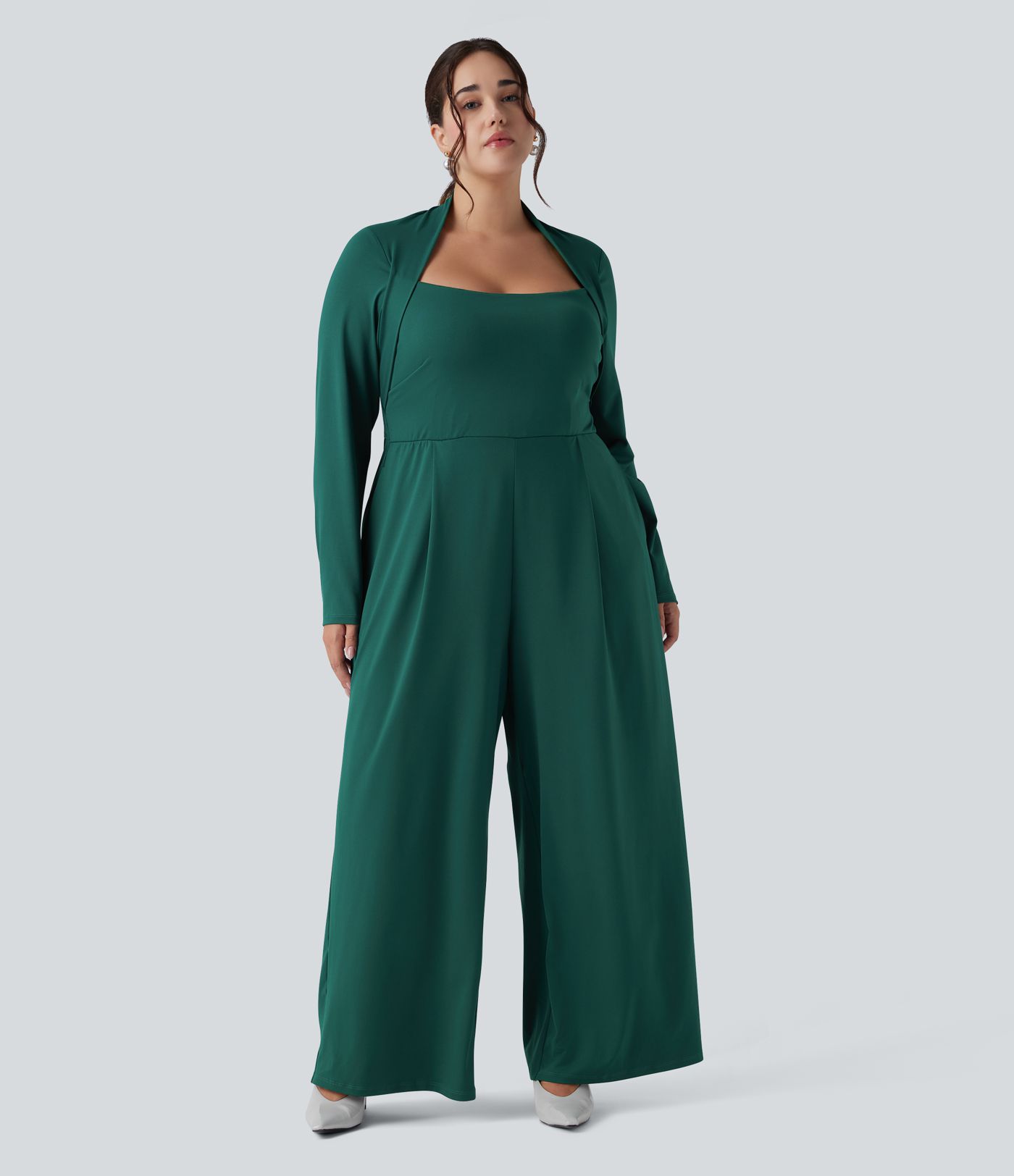 Plus Size Long Sleeve Wide Leg Jumpsuit with Pockets-Easy Peezy Edition