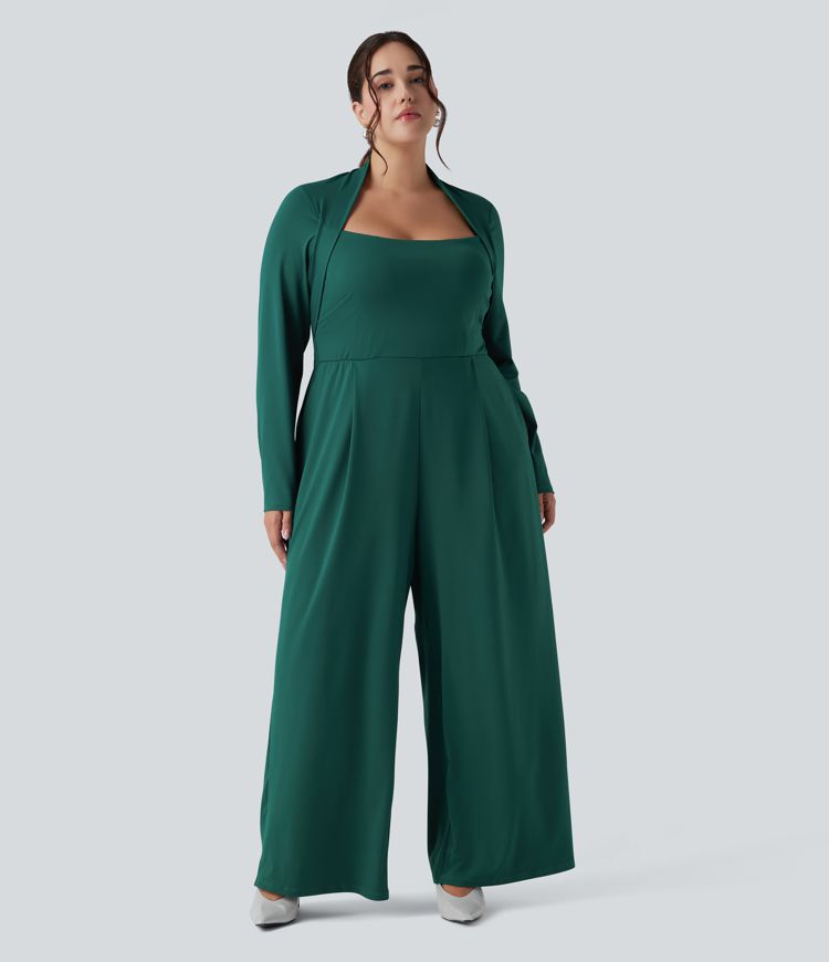 Plus Size Long Sleeve Wide Leg Jumpsuit with Pockets-Easy Peezy Edition