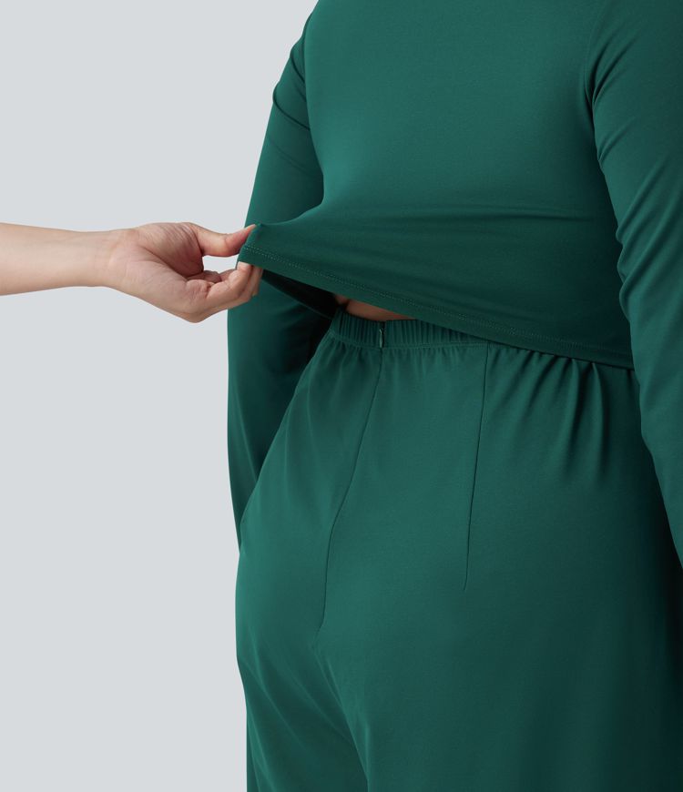 Plus Size Long Sleeve Wide Leg Jumpsuit with Pockets-Easy Peezy Edition