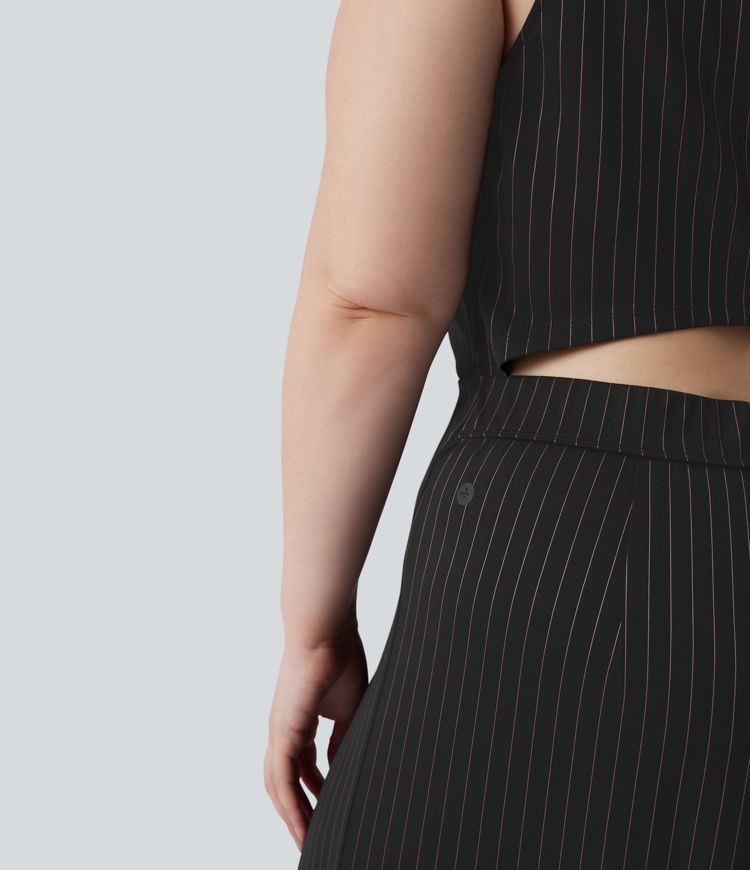 Plus Size V Neck Sleeveless Cut Out Wide Leg Cool Touch Stripe Work Jumpsuit with Pockets