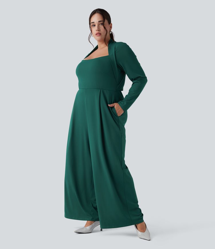 Plus Size Long Sleeve Wide Leg Jumpsuit with Pockets-Easy Peezy Edition