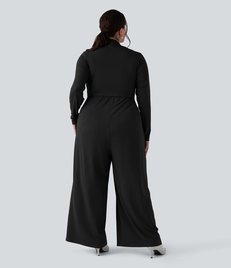 Plus Size Long Sleeve Wide Leg Jumpsuit with Pockets-Easy Peezy Edition