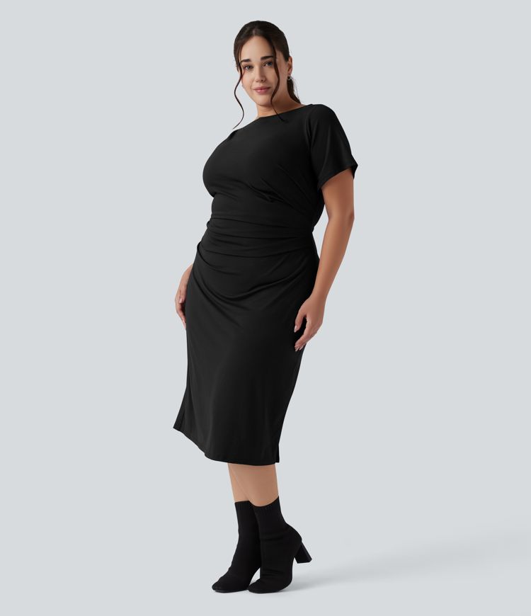 Short Sleeve Ruched Split Bodycon Midi Work Plus Size Dress