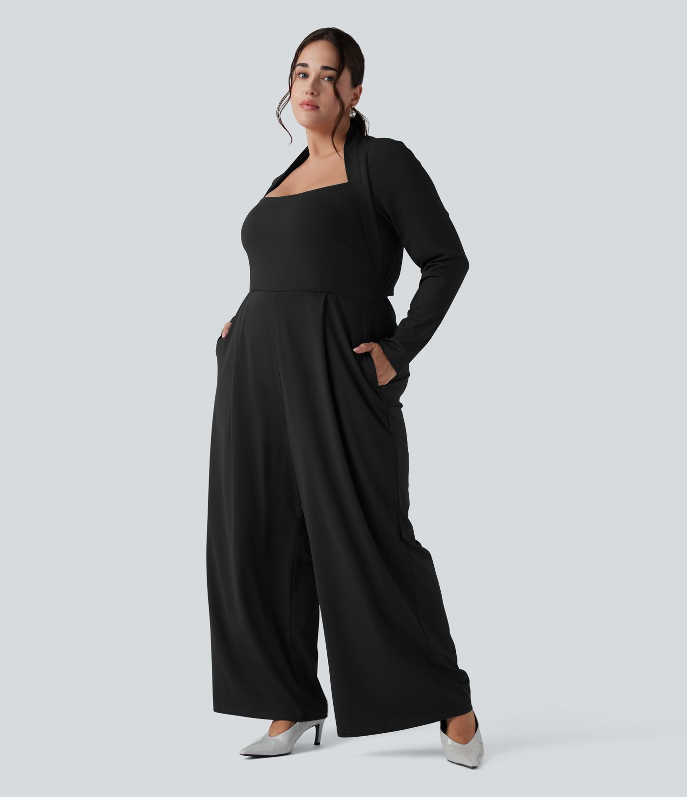 Plus Size Long Sleeve Wide Leg Jumpsuit with Pockets-Easy Peezy Edition