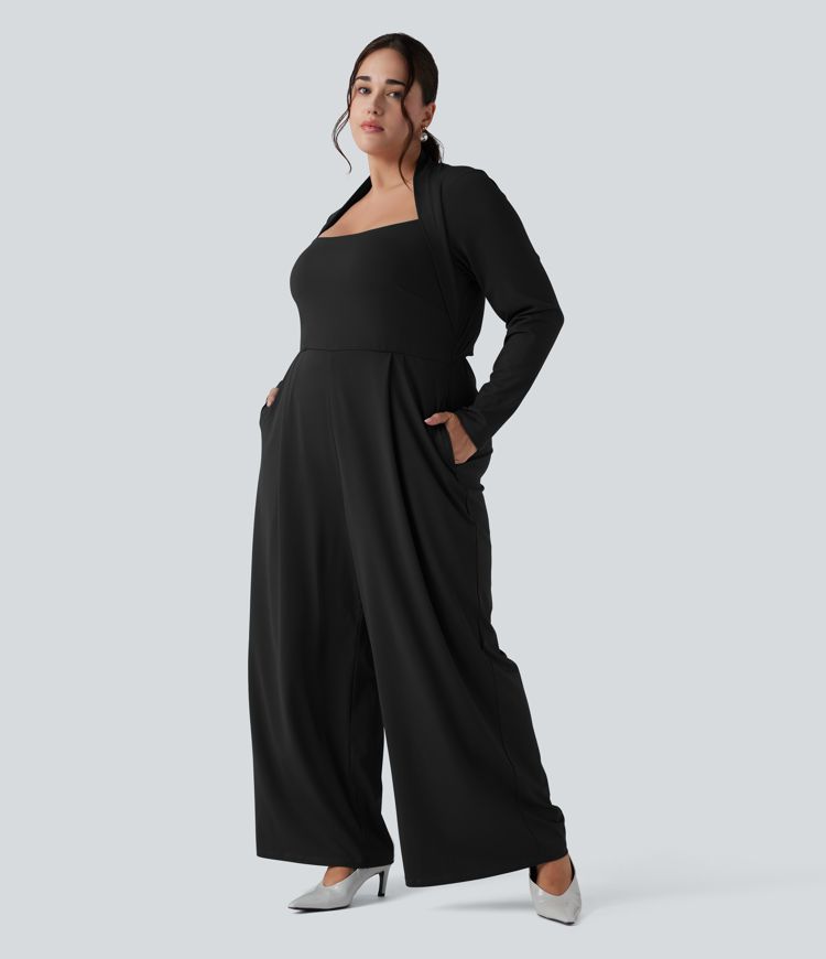 Plus Size Long Sleeve Wide Leg Jumpsuit with Pockets-Easy Peezy Edition