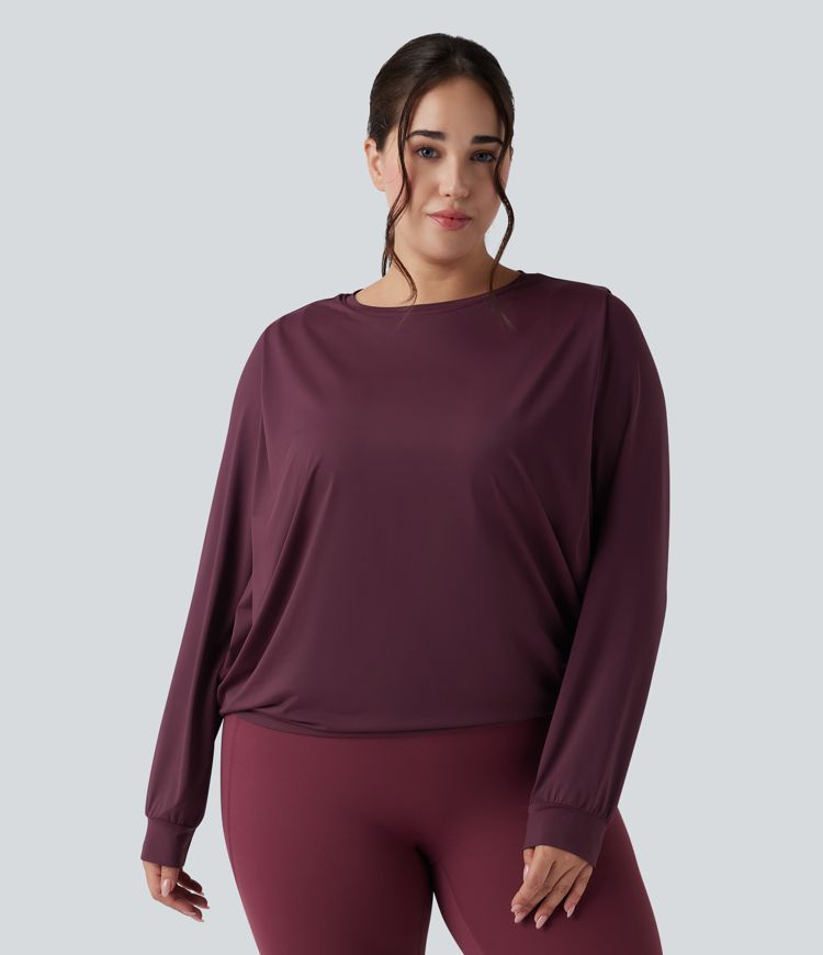 Gerafftes Yoga-Sport-Top mit Rundhalsausschnitt und langen Ärmeln - Plus-Size, UPF50+