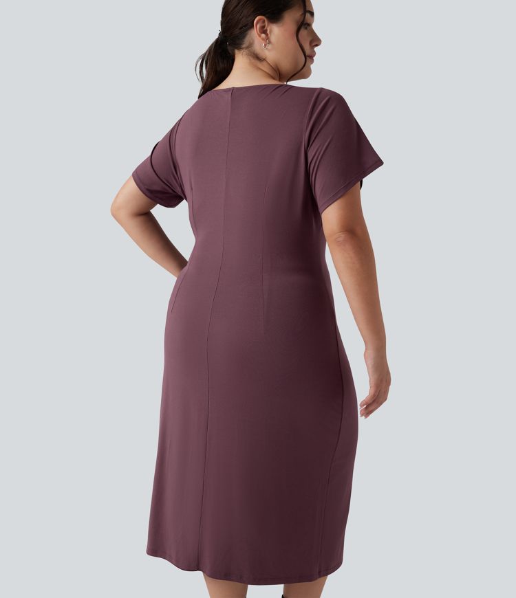Short Sleeve Ruched Split Bodycon Midi Work Plus Size Dress