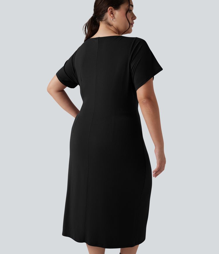 Short Sleeve Ruched Split Bodycon Midi Work Plus Size Dress
