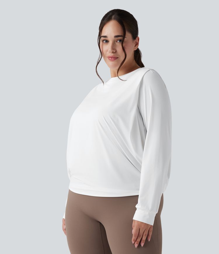 Round Neck Long Sleeve Ruched Yoga Plus Size Sports Top-UPF50+