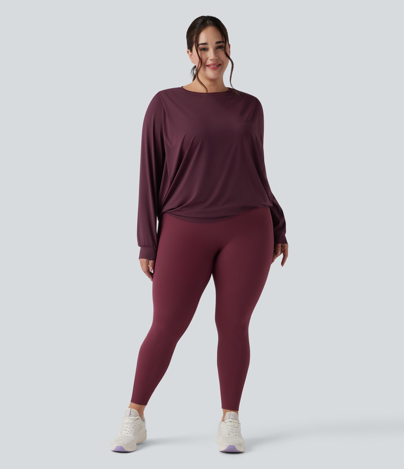 Gerafftes Yoga-Sport-Top mit Rundhalsausschnitt und langen Ärmeln - Plus-Size, UPF50+
