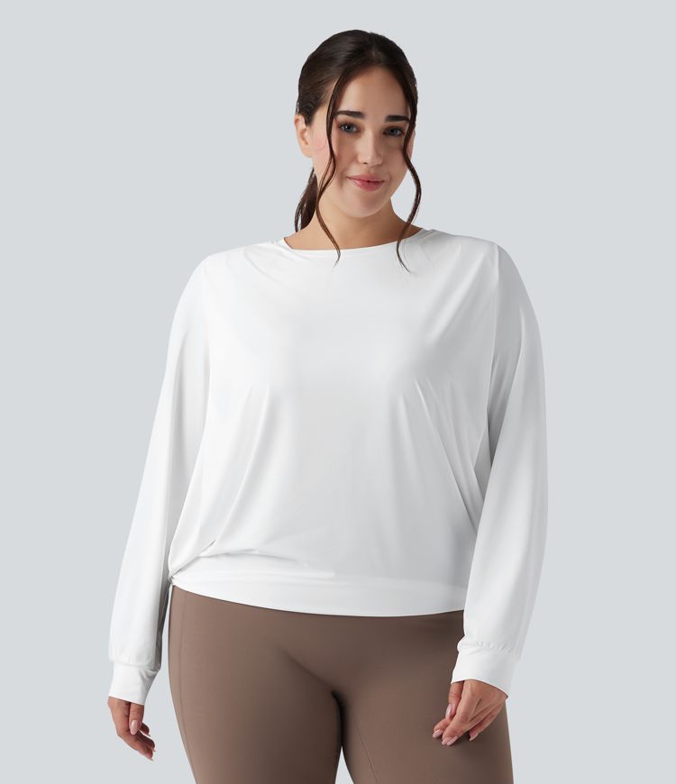 Round Neck Long Sleeve Ruched Yoga Plus Size Sports Top-UPF50+